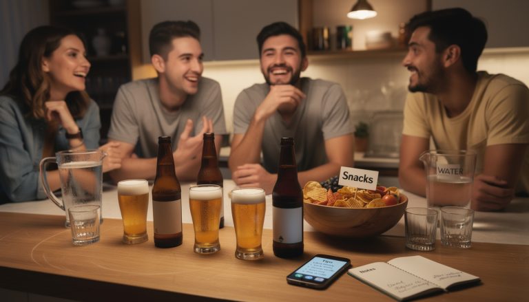 Groupe d'amis qui boivent de la bière en soirée avec des snacks, de l'eau et des notes de conseils sur la table pour consommer de façon responsable