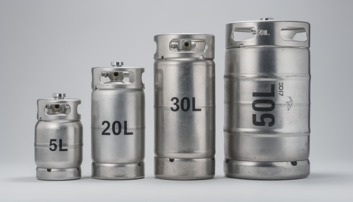 Comparaison de quatre fûts de bière en inox de tailles différentes : 5, 20, 30 et 50 litres, sur fond blanc