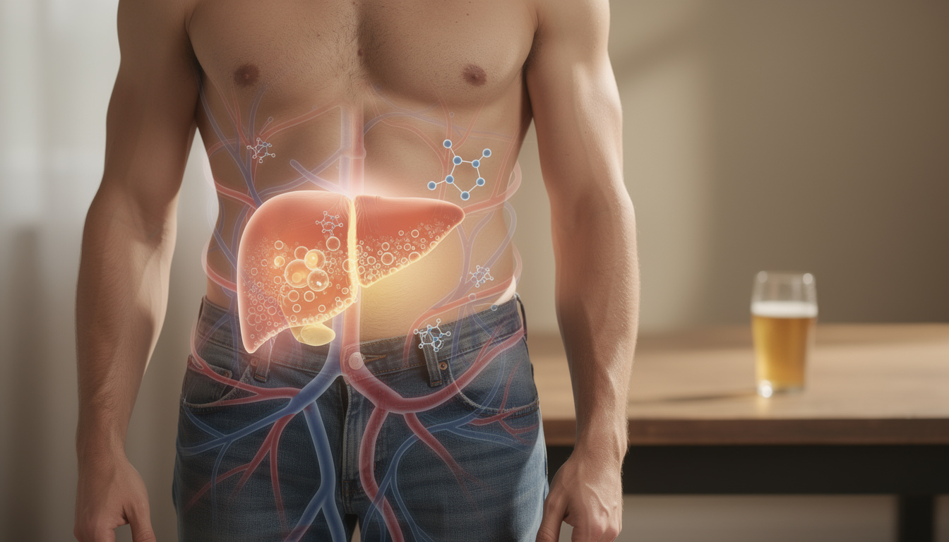 Illustration du foie humain en train de métaboliser l'alcool avec représentation de molécules et un verre de bière en arrière-plan