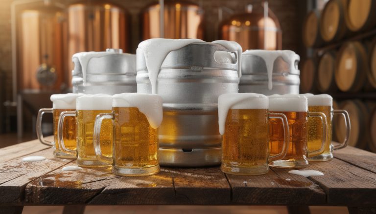 Fût de bière en inox entouré de chopes mousseuses sur table en bois dans une brasserie avec cuves en cuivre en arrière-plan