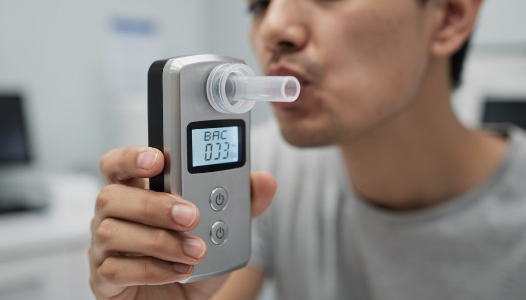 Homme soufflant dans un éthylotest numérique affichant un taux d'alcoolémie BAC de 0,33