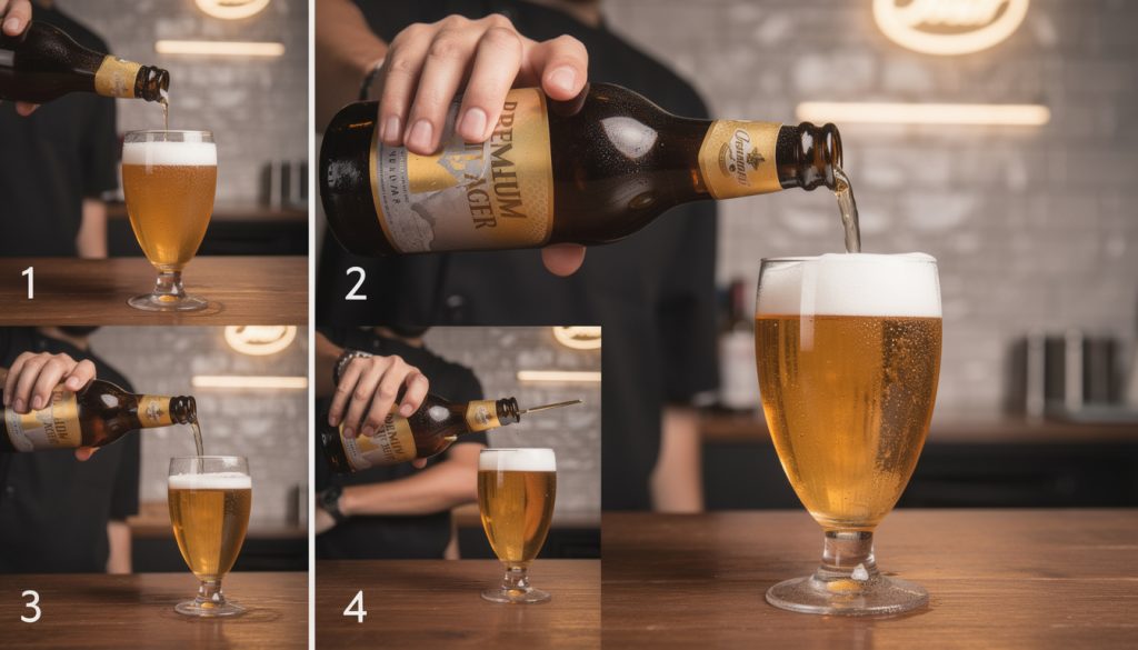 Tutoriel en 4 étapes montrant comment verser correctement une bière premium lager en bouteille dans un verre à bière