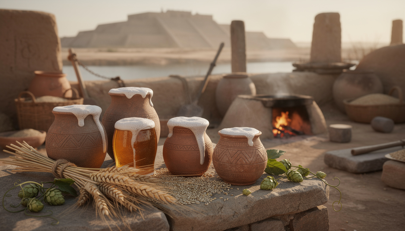 Reconstitution de la fabrication de bière dans l'Antiquité avec des poteries en argile mousseuses, épis d'orge et houblon devant un four à feu en Mésopotamie