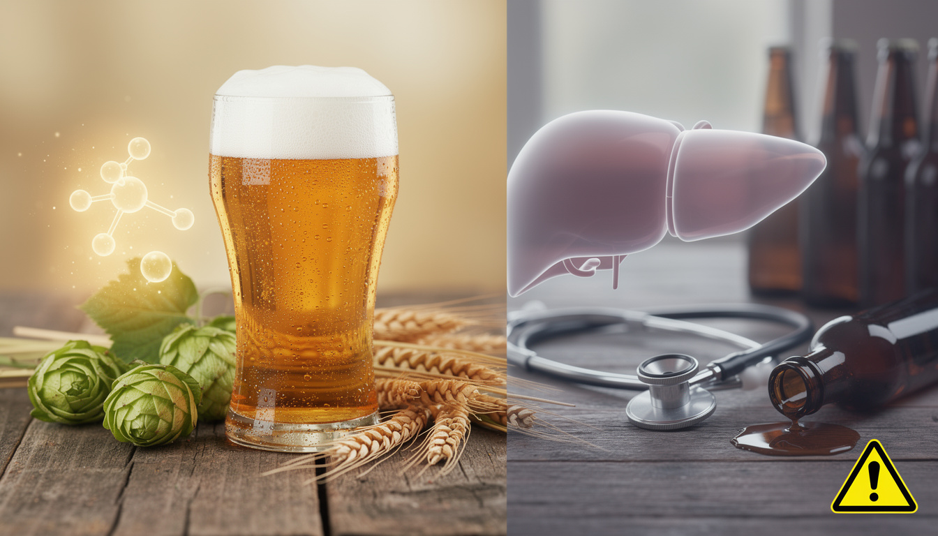 Comparaison entre une bière blonde avec houblon et orge représentant ses composants naturels, et une illustration du foie avec stéthoscope symbolisant les risques sanitaires de l'alcool