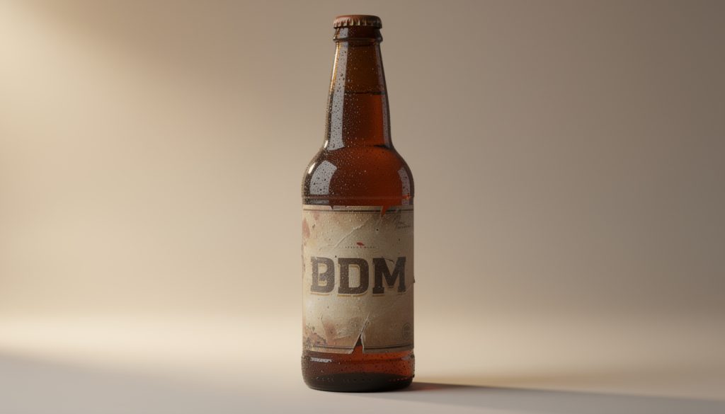 Bouteille de bière brune avec étiquette vieillie et abîmée portant les initiales BDM, illustrant une bière potentiellement périmée
