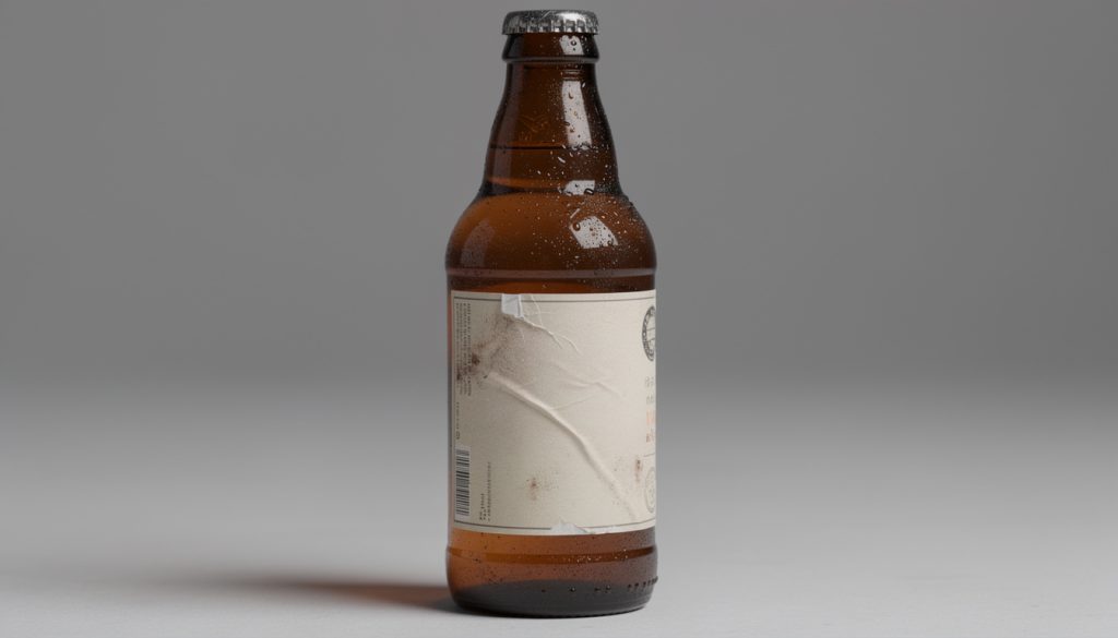 Bouteille de bière brune avec étiquette décollée et tachée sur fond gris, symbolisant une bière ancienne dont la date de péremption est dépassée