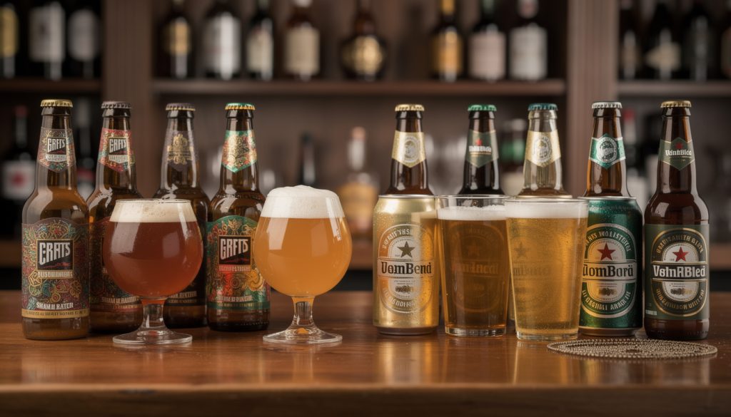 Comparaison de bouteilles et verres de bières craft et industrielles posés sur un comptoir de bar