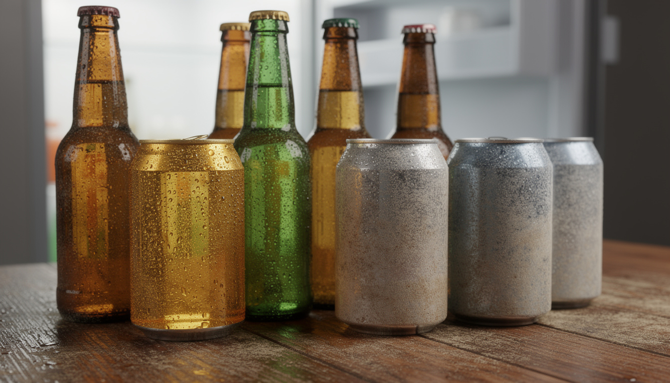 Bouteilles de bière brune et verte avec canettes recouvertes de condensation posées sur une table en bois, illustrant la conservation de la bière