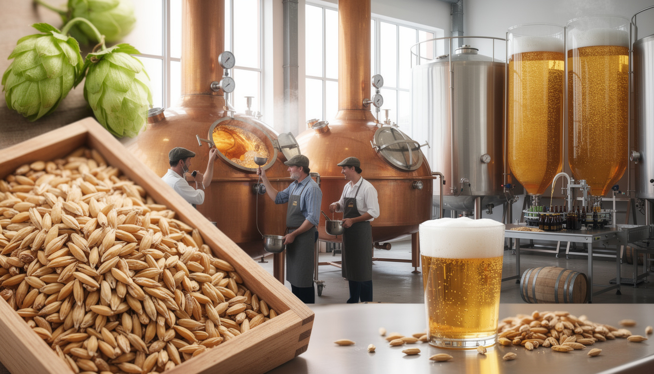 Brasseurs travaillant sur des cuves en cuivre dans une brasserie artisanale, avec orge maltée et houblon au premier plan et un verre de bière blonde mousseuse
