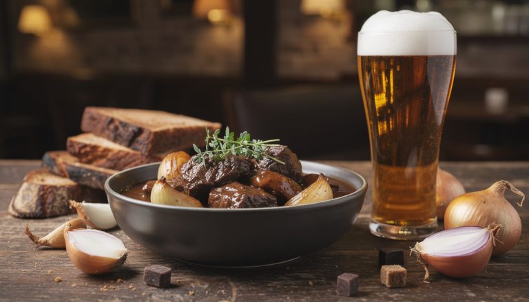 Bol de carbonnade flamande mijotée avec oignons et thym, accompagné d'un verre de bière brune et de tranches de pain d'épice sur table en bois rustique