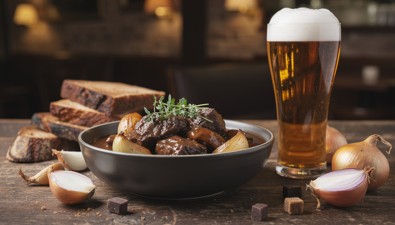 Bol de carbonnade flamande mijotée avec oignons et thym, accompagné d'un verre de bière brune et de tranches de pain d'épice sur table en bois rustique
