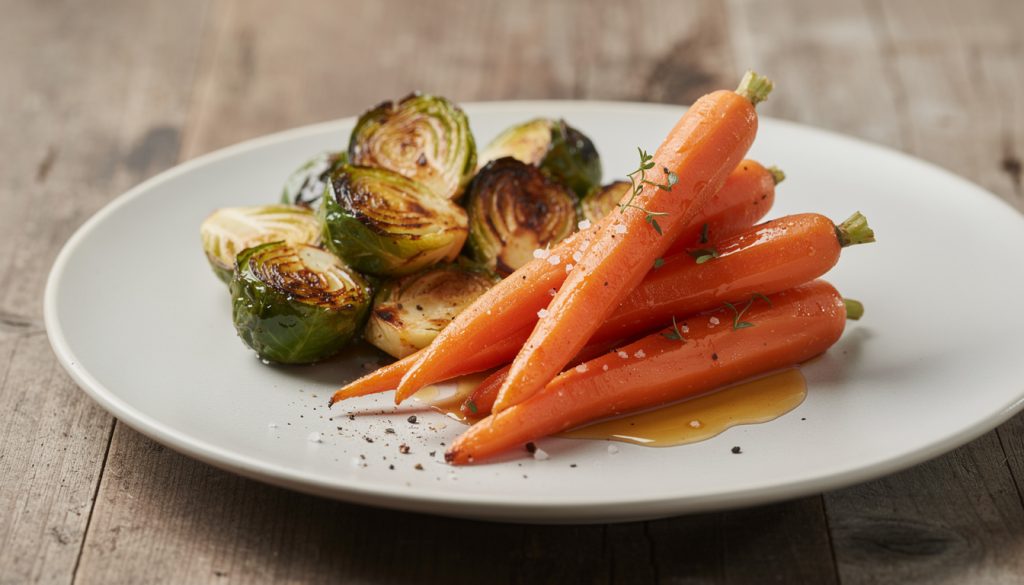 Assiette de choux de Bruxelles rôtis et carottes glacées au thym sur table en bois, accompagnement idéal pour des joues de porc à la bière
