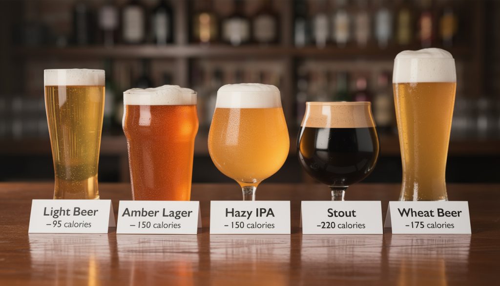 Comparaison des calories de 5 types de bières : Light Beer 95 kcal, Amber Lager 150 kcal, Hazy IPA 150 kcal, Stout 220 kcal et Wheat Beer 175 kcal