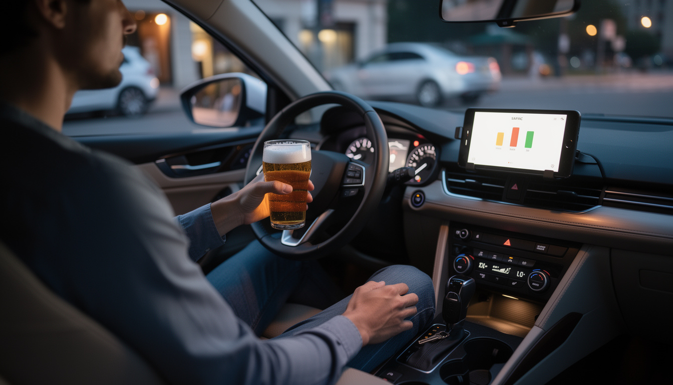Conducteur tenant un verre de bière au volant de nuit avec une application de mesure du taux d'alcoolémie affichée sur l'écran du tableau de bord