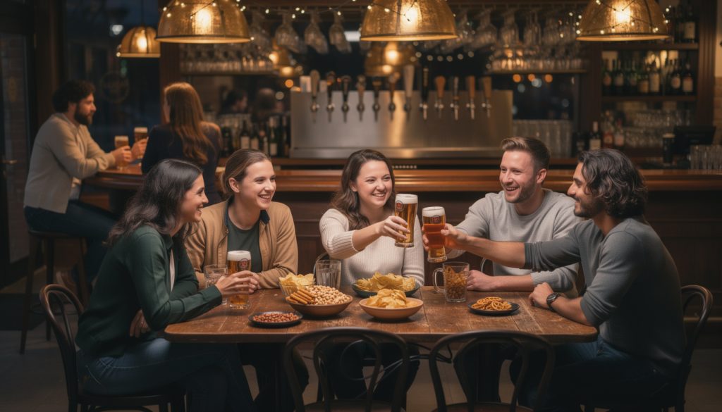 Groupe d'amis souriants qui trinquent avec des bières dans un bar chaleureux avec chips et cacahuètes sur la table