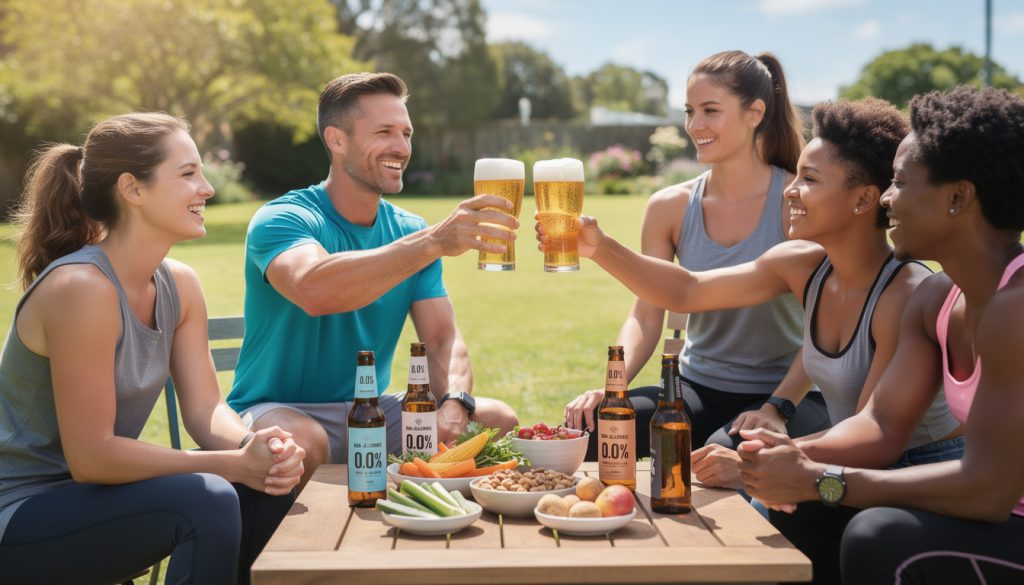 Groupe de sportifs en tenue fitness qui trinquent avec des bières sans alcool 0.0% autour d'une table avec fruits et légumes dans un jardin ensoleillé