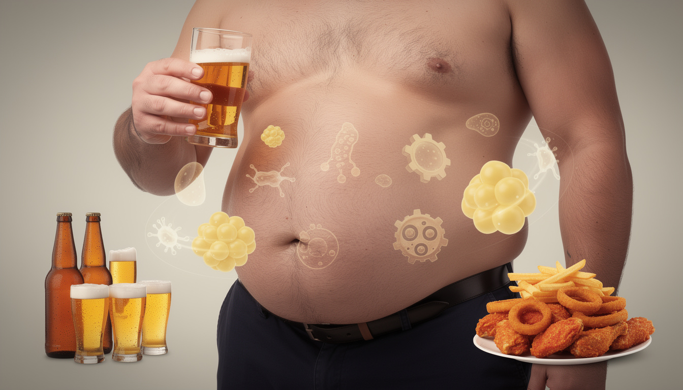 Homme avec bedaine tenant un verre de bière et une assiette de friture, avec illustrations de bactéries et cellules graisseuses sur le ventre symbolisant l'impact de la bière sur la graisse abdominale