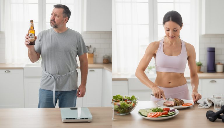 Comparaison entre un homme en surpoids tenant une bière avec un mètre ruban et une femme sportive préparant un repas équilibré, illustrant l'impact de la bière sur le poids