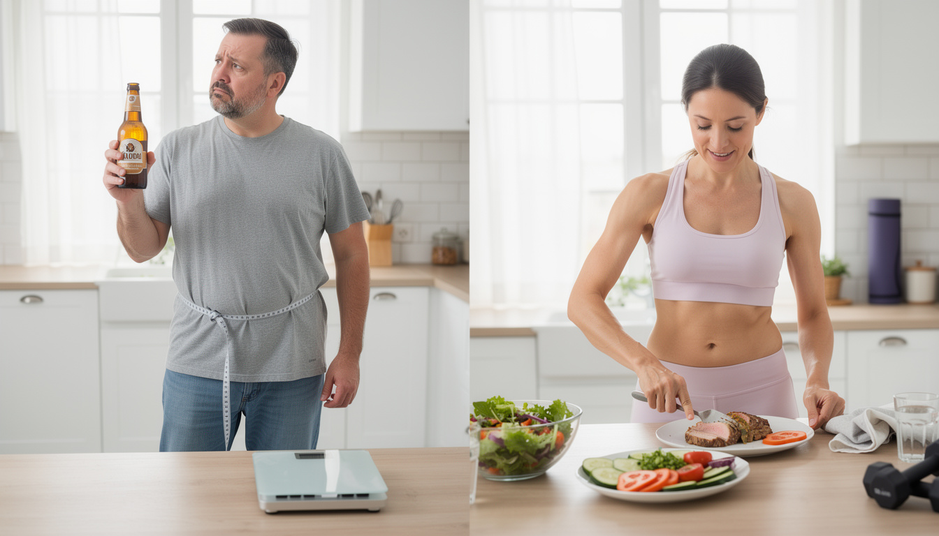 Comparaison entre un homme en surpoids tenant une bière avec un mètre ruban et une femme sportive préparant un repas équilibré, illustrant l'impact de la bière sur le poids