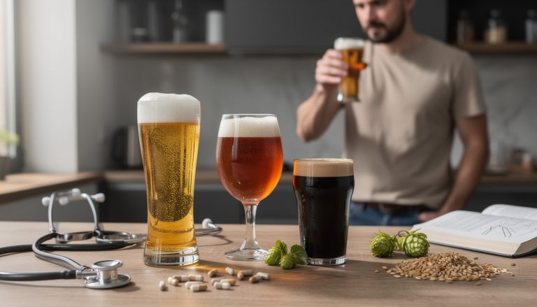 Homme dégustant une bière en arrière-plan avec trois verres de bière blonde, ambrée et brune sur une table accompagnés d'un stéthoscope, de houblon, d'orge et de gélules
