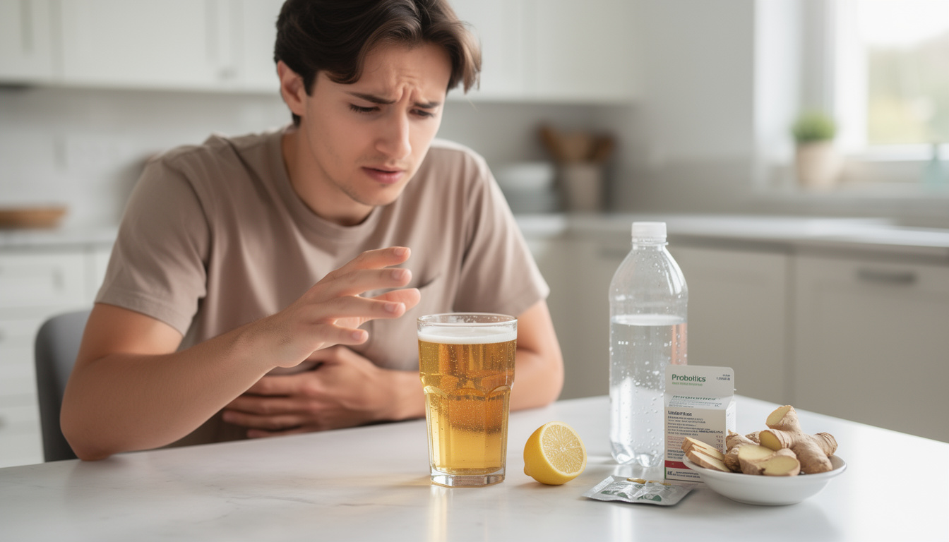 Jeune homme souffrant de maux de ventre devant un verre de bière avec de l'eau, des probiotiques, du gingembre et du citron sur une table de cuisine