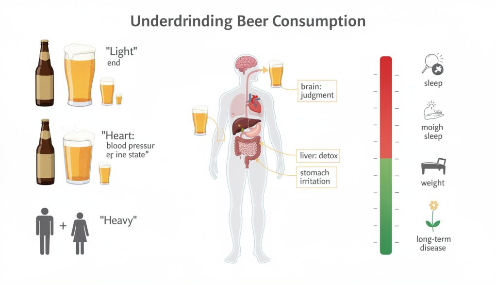 Infographie sur les effets de la consommation de bière sur le corps humain : impact sur le cerveau, le foie, l'estomac, le sommeil et les maladies à long terme selon la quantité bue