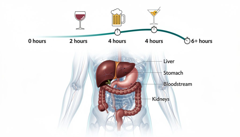 Infographie illustrant le temps d'élimination de l'alcool selon le type de boisson — vin, bière, cocktail — avec impact sur le foie, l'estomac, le sang et les reins sur 6 heures