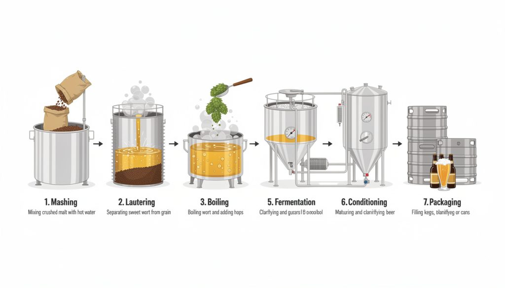 Infographie des 7 étapes de fabrication de la bière : maischage, filtration, ébullition avec houblon, fermentation, conditionnement et mise en fût ou bouteille
