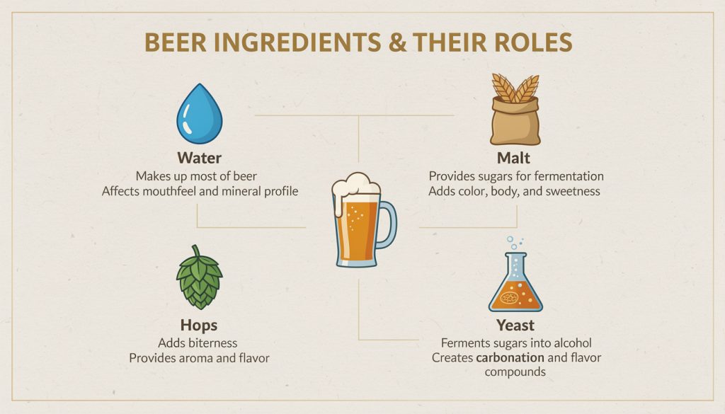 Infographie des 4 ingrédients principaux de la bière et leurs rôles : eau, malt, houblon et levure, illustrés autour d'une chope de bière