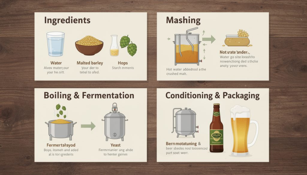 Infographie illustrant les ingrédients et les 4 grandes étapes du brassage de la bière : ingrédients, maischage, ébullition et fermentation, conditionnement et mise en bouteille