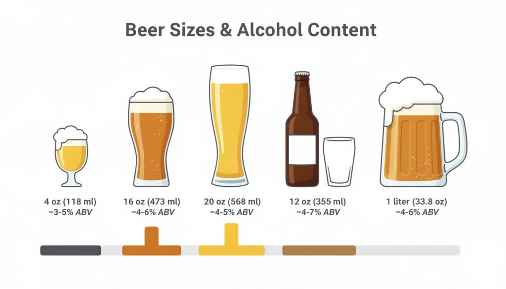 Infographie comparant 5 contenances de bière et leur teneur en alcool ABV : de 118 ml à 1 litre, avec taux allant de 3 à 7% selon le format