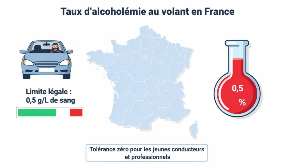 Infographie sur le taux d'alcoolémie légal au volant en France : limite à 0,5 g/L de sang, tolérance zéro pour les jeunes conducteurs et professionnels