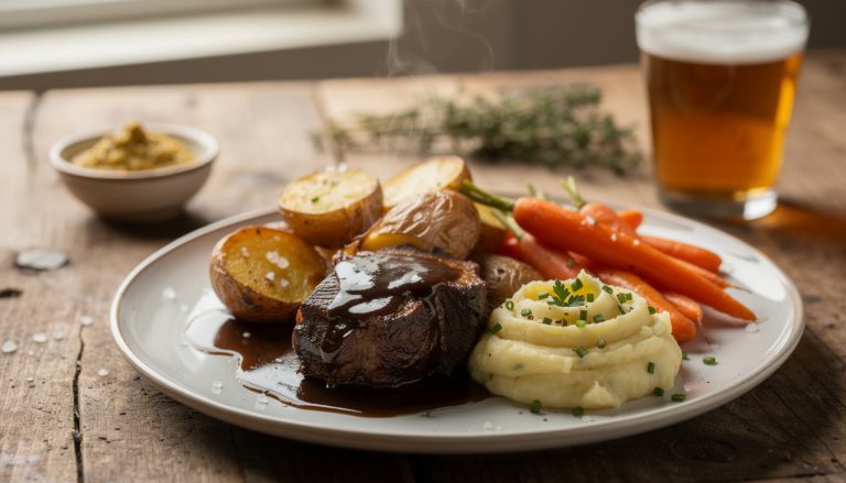 Assiette de joues de porc braisées à la bière avec sauce brune, purée de pommes de terre, carottes et pommes de terre rôties, accompagnée d'un verre de bière ambrée