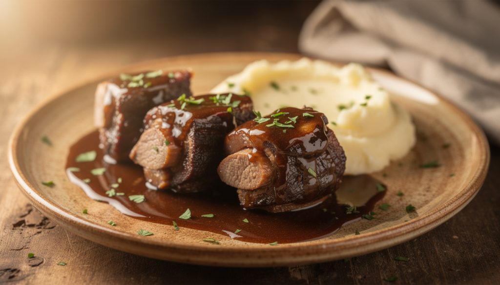 Joues de porc confites nappées d'une sauce à la bière brune servies avec une purée de pommes de terre et du persil haché sur une assiette rustique