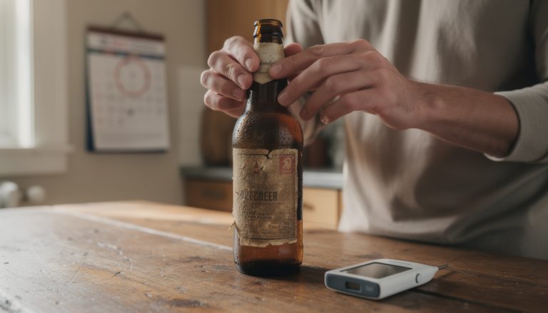 Mains inspectant une bouteille de bière à l'étiquette très usée posée sur une table en bois, avec un glucomètre à proximité