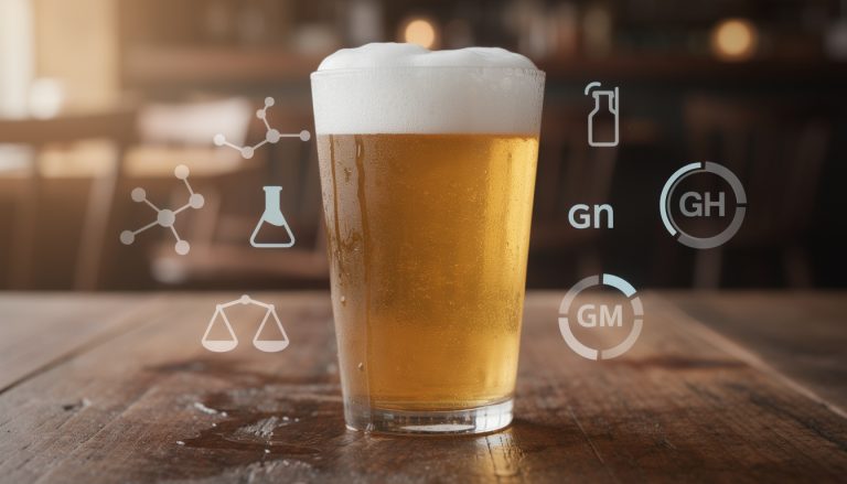 Verre de bière blonde sur comptoir de bar entouré d'icônes représentant la composition chimique et les composants de la bière