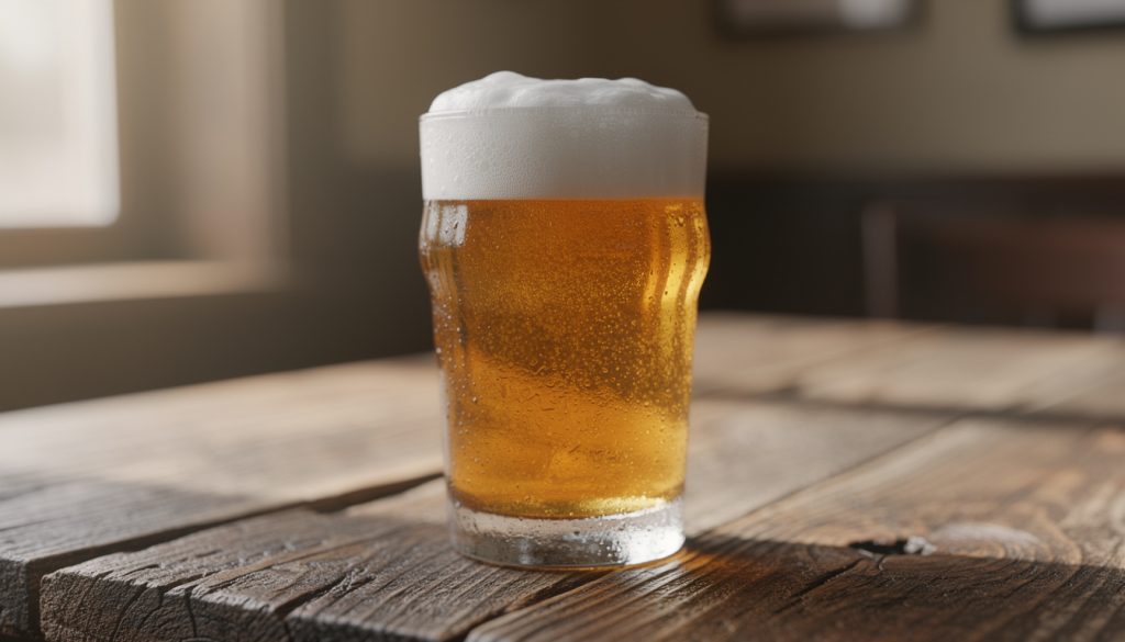 Verre de bière blonde bien mousseuse couvert de condensation posé sur une table en bois rustique éclairée par la lumière naturelle