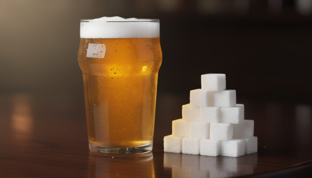Verre de bière blonde posé à côté d'une pyramide de morceaux de sucre sur une table, illustrant la teneur en sucre d'une bière