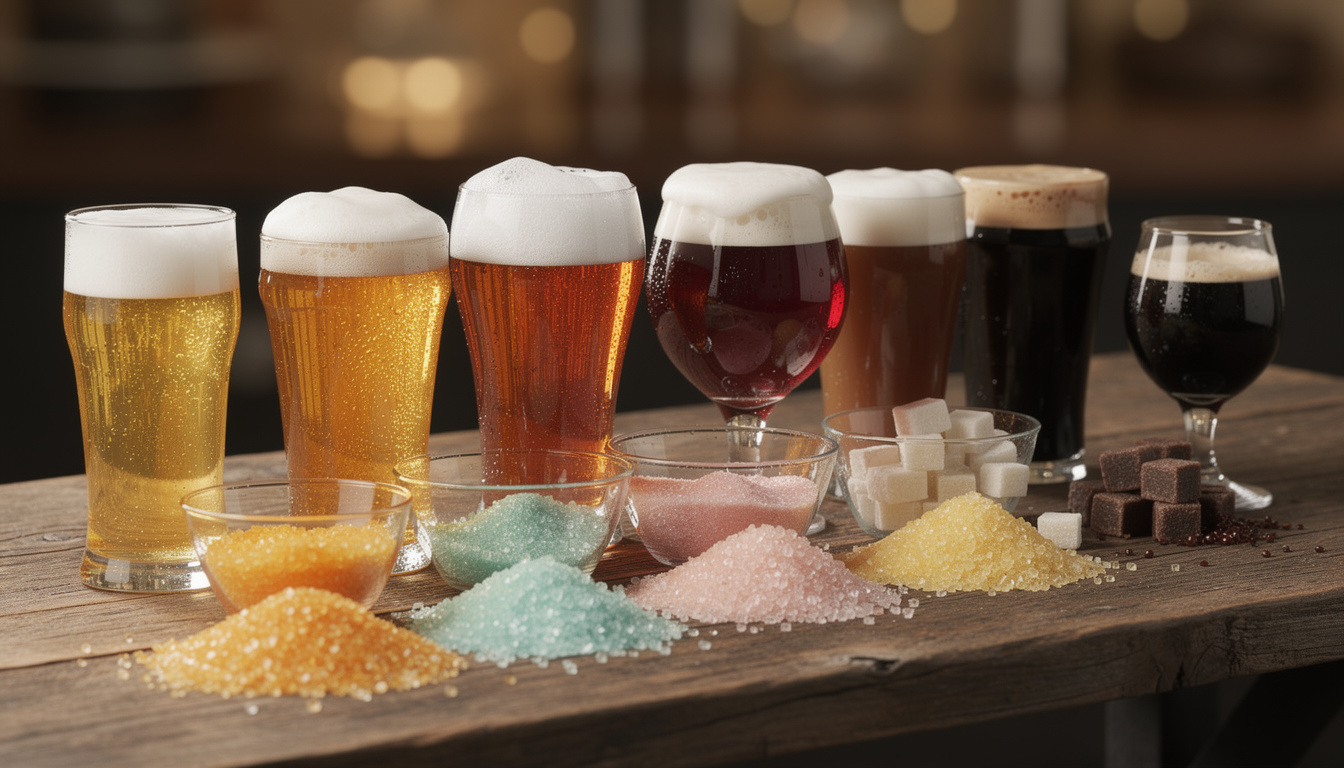 Comparaison de six types de bières — blonde, ambrée, rouge, brune et stout — avec des tas de sucre coloré devant chaque verre pour illustrer leur teneur respective en sucre